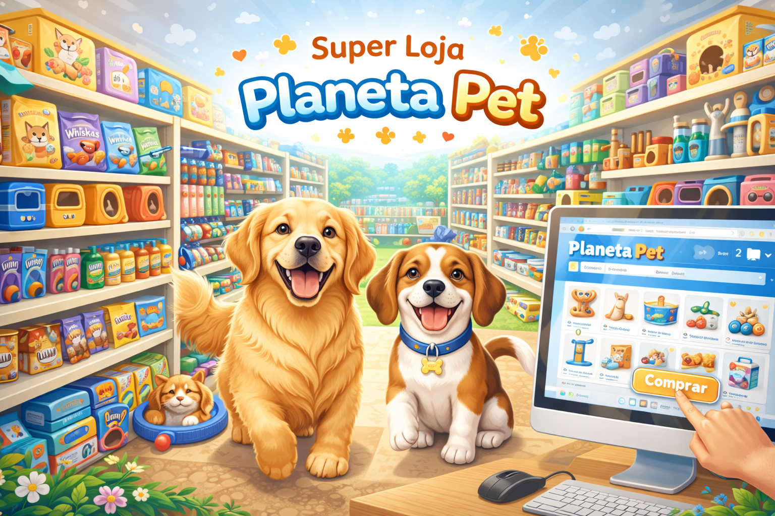 Super Loja Planeta Pet com prateleiras cheias de produtos e uma tela mostrando compras online, destacando a conveniência de encontrar tudo em um só lugar