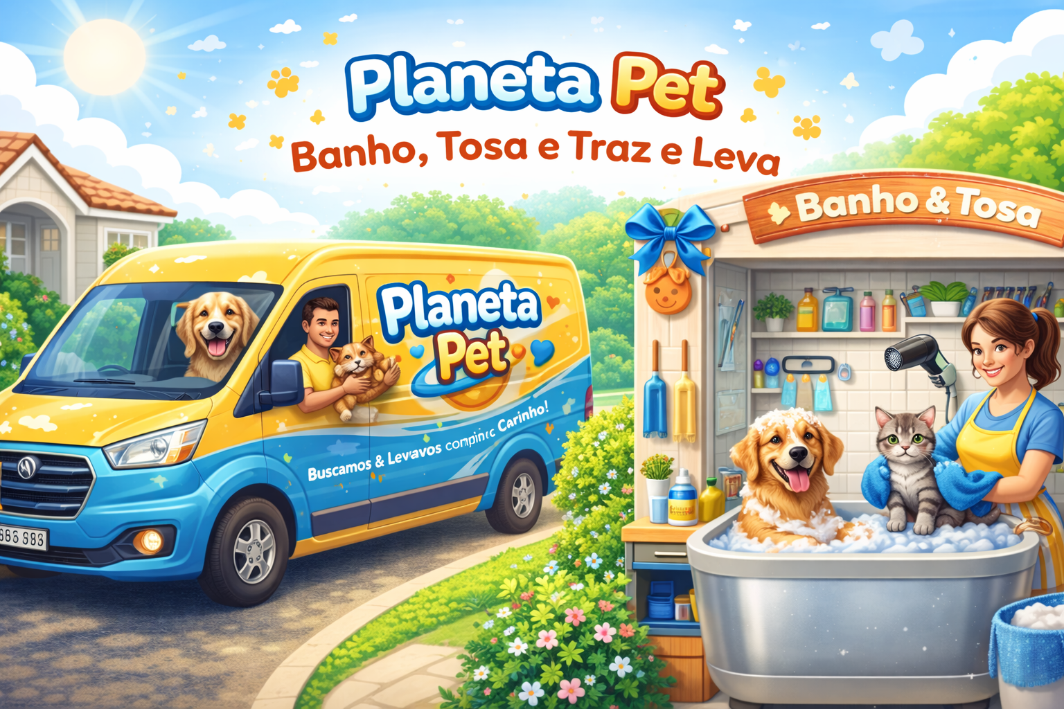 Destaca o serviço de cuidado e o sistema de transporte Traz e Leva. Mostra uma van personalizada do Planeta Pet recolhendo um animal, e uma estação de banho e tosa de luxo para os pets ficarem impecáveis