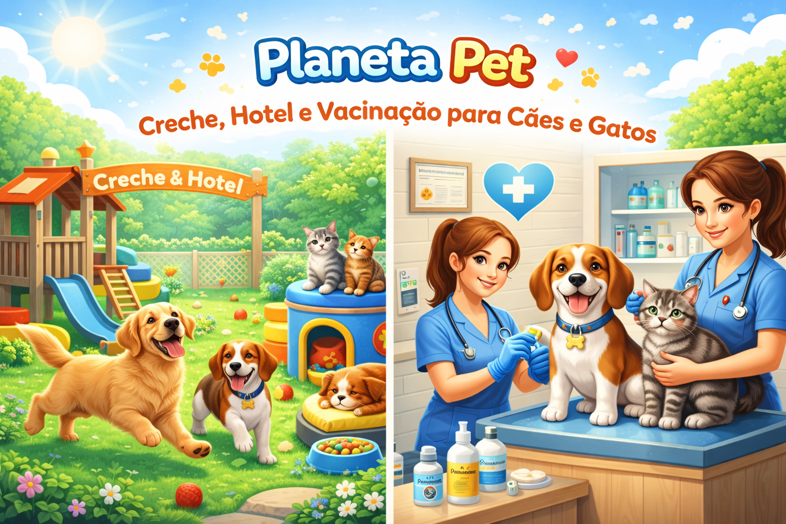 Mostra os serviços de hospedagem e saúde. Inclui uma área de recreação (creche/hotel) e uma estação de vacinação segura e profissional para garantir o bem-estar dos seus companheiros.