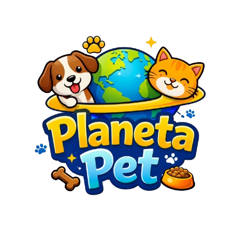 Logo da empresa Planeta Pet - Imagem de um mundo com um cachorro a esquerda e um gato a direita e o nome da empresa centralizado.